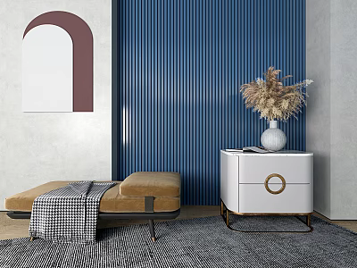 Stylish White Bedside Table With Gold Handle And Vase On Blue Vertical Striped Wall 3d model
