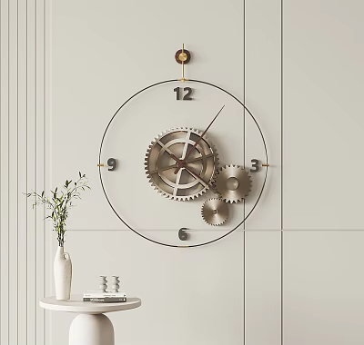 Modern Circular Metallic Gear Clock Design On White Wall With Decorative Vase And Table 3d model