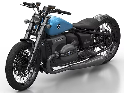 BMW Blue Cruiser Motorcycle With Classic Design Black Seat And Wheels 3d model