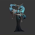 Mythical Female Game Character With Blue Flowing Elements And Ornate Headdress Holding Scroll