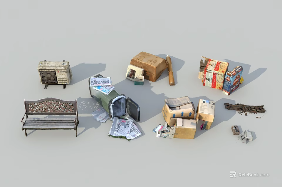 Urban Public Facilities Including Bench Trash Bin And Scattered Daily Items 3d model