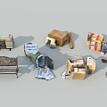 Urban Public Facilities Including Bench Trash Bin And Scattered Daily Items 3d model