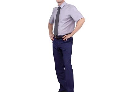 Man wearing light purple short-sleeve shirt gray tie dark blue pants with hands on hips 3d model