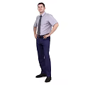 Man wearing light purple short-sleeve shirt gray tie dark blue pants with hands on hips