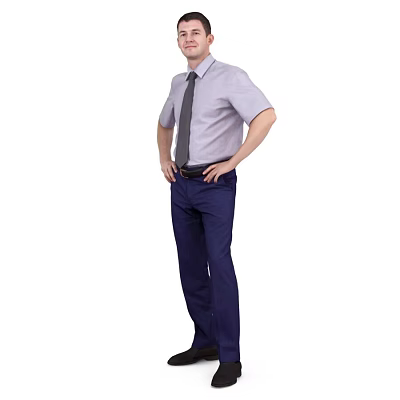 Man wearing light purple short-sleeve shirt gray tie dark blue pants with hands on hips 3d model
