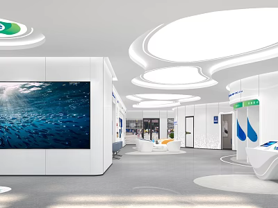 Modern Bank Interior Open Space With Large Screen Blue Ocean White Design Self Service Devices 3d model