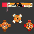 Colorful Cartoon Kitchen Scene With Round Tables Chairs Cabinets Red Refrigerator And Dishes