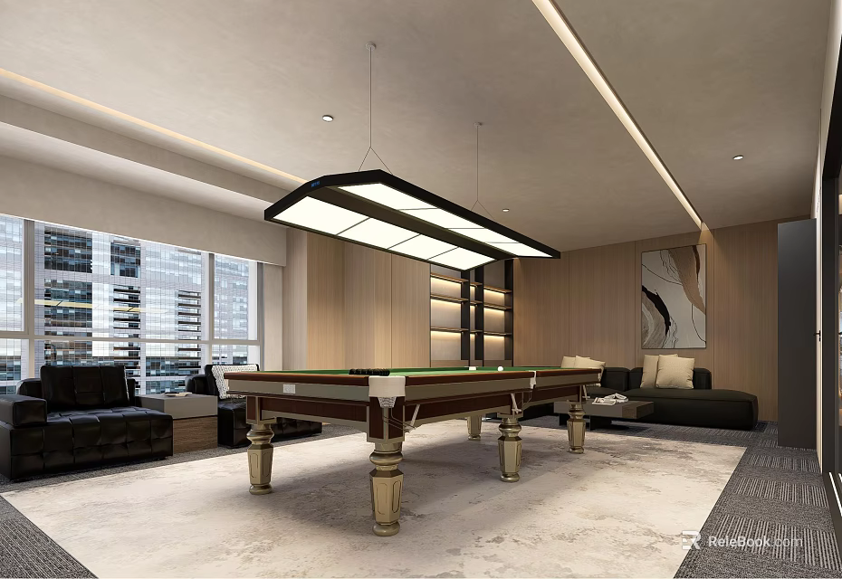 Modern Billiard Room Interior With Billiard Table Sofa Large Windows And Lighting 3d model 