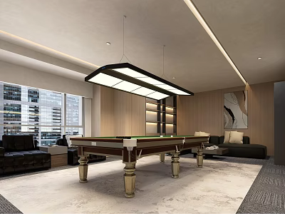 Modern Billiard Room Interior With Billiard Table Sofa Large Windows And Lighting 3d model