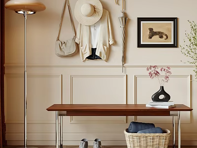 Wooden Bench In Entryway With Hanging Hat Coat Umbrella Wall Painting Vase Basket And Shoes 3d model