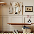 Wooden Bench In Entryway With Hanging Hat Coat Umbrella Wall Painting Vase Basket And Shoes