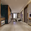 Modern Living and Dining Room Interior with Sofa Coffee Table Bookshelf and Pendant Light