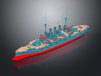 Vintage Blue And Red Warship Model With Multiple Masts And Smokestacks 3d model