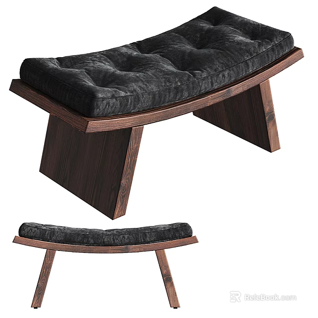 Modern Wooden Stool With Black Upholstered Cushion And Angled Solid Wood Legs 3d model 