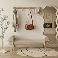 Modern Entryway Shoe Cabinet with Scalloped Mirror Coat Rack and Bench