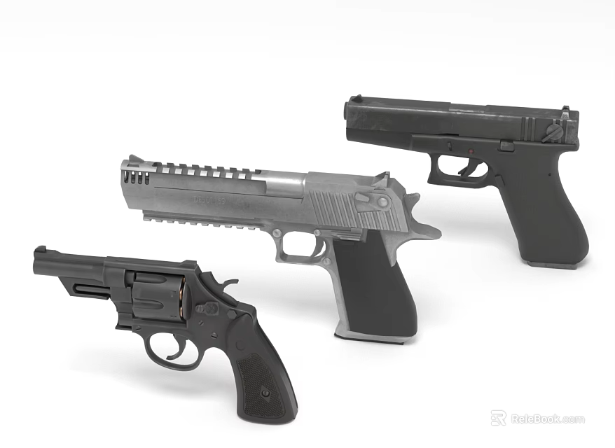 Three Different Types of Handguns with Black and Silver Pistol Firearm Designs 3d model 