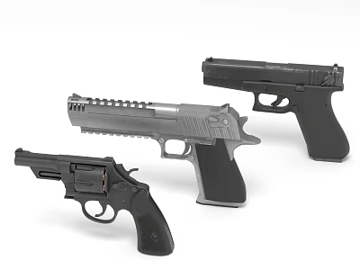 Three Different Types of Handguns with Black and Silver Pistol Firearm Designs 3d model