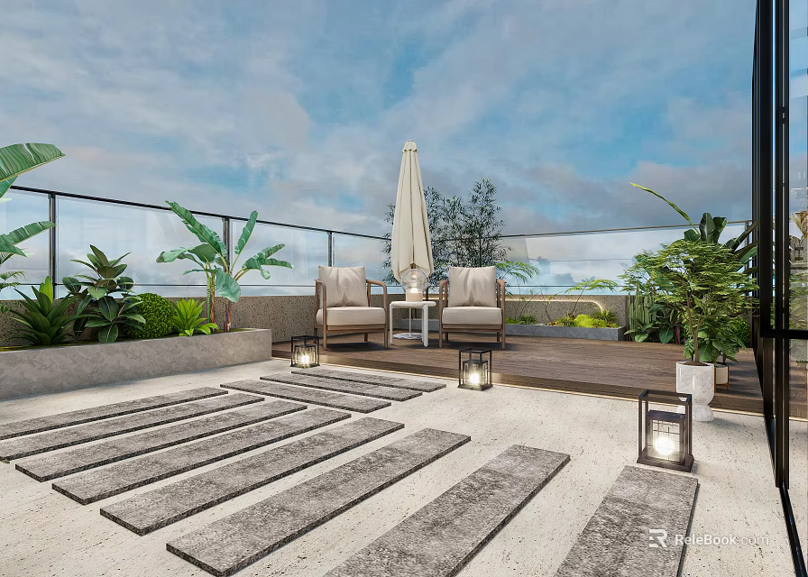 Rooftop Garden with Outdoor Chairs Umbrella Lush Green Plants Stone Path and Lanterns 3d model 