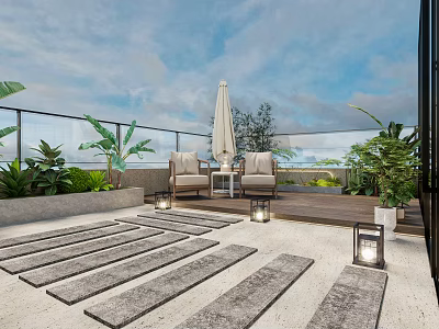 Rooftop Garden with Outdoor Chairs Umbrella Lush Green Plants Stone Path and Lanterns 3d model
