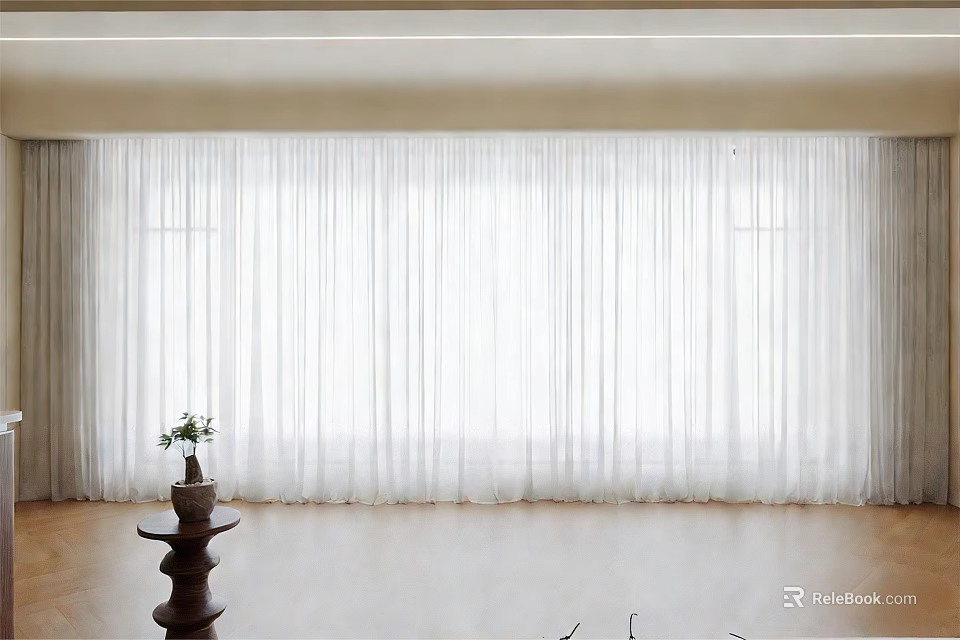Sheer White Curtains In Bright Living Room With Wooden Floor And Plant 3d model 