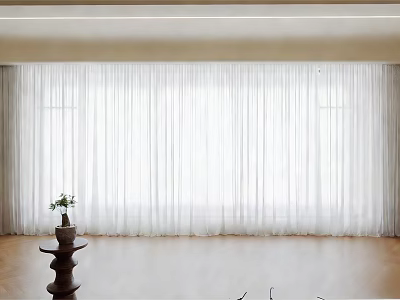 Sheer White Curtains In Bright Living Room With Wooden Floor And Plant 3d model
