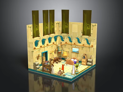Classical Decorative Lounge Interior With Yellow Walls Green Drapes Blue Accents Sofa And Tiled Floor 3d model