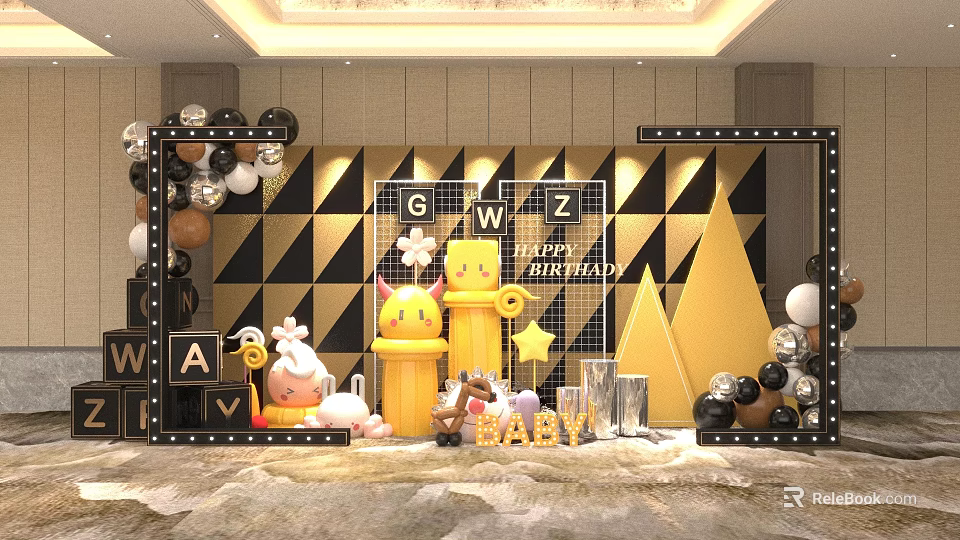 Baby Birthday Party Decoration With Black White Gold Balloons And Cartoon Yellow Decor 3d model 