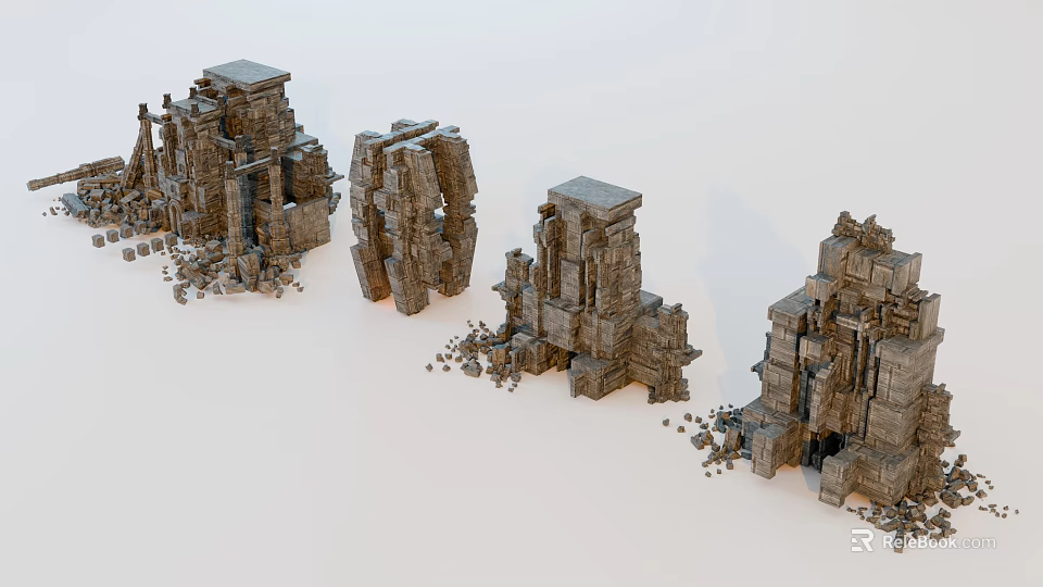 Ancient Stone Ruin Structures With Detailed Carvings And Debris 3d model 