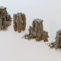 Ancient Stone Ruin Structures With Detailed Carvings And Debris