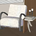 Plush White Fur Leisure Chair with Black Metal Curved Arms and Wooden Side Table Candles and Books