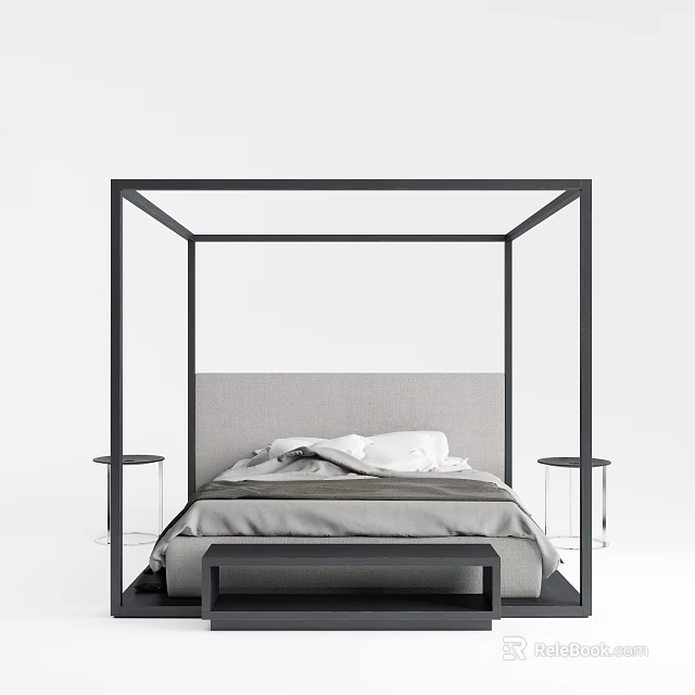 Modern Minimalist Double Bed With Black Frame Canopy Upholstered Headboard Linen Bedding Glass Side Tables 3d model 