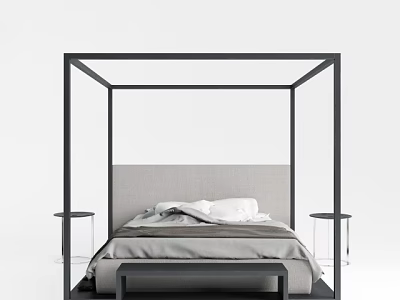 Modern Minimalist Double Bed With Black Frame Canopy Upholstered Headboard Linen Bedding Glass Side Tables 3d model