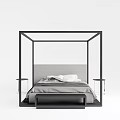 Modern Minimalist Double Bed With Black Frame Canopy Upholstered Headboard Linen Bedding Glass Side Tables