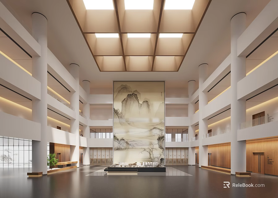 Elegant Book Art Gallery Lobby With Large Landscape Painting Skylight Columns And Multi Level Corridors 3d model 