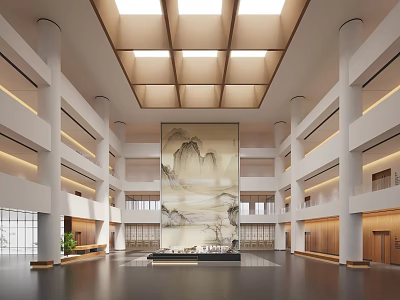Elegant Book Art Gallery Lobby With Large Landscape Painting Skylight Columns And Multi Level Corridors 3d model