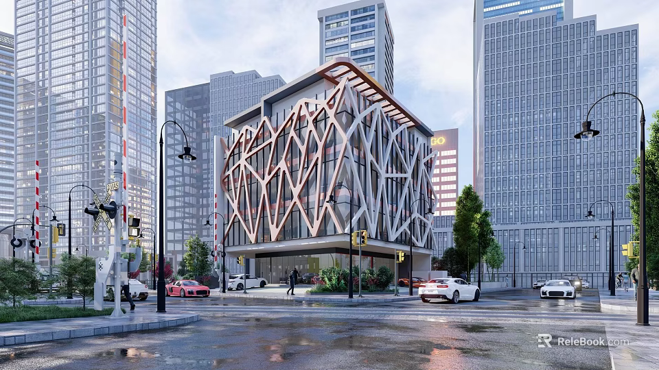 Modern Office Building With Unique Geometric Facade Surrounded By Urban High Rise Buildings 3d model 
