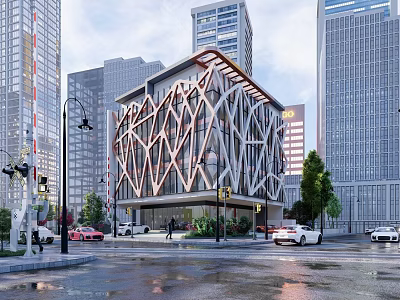 Modern Office Building With Unique Geometric Facade Surrounded By Urban High Rise Buildings 3d model