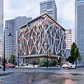 Modern Office Building With Unique Geometric Facade Surrounded By Urban High Rise Buildings