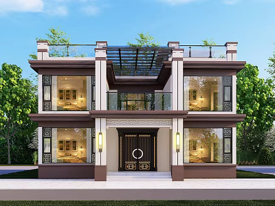 Traditional Chinese Style Two Story Detached Villa With Symmetric Design And Garden Surroundings 3d model