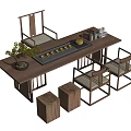 Elegant Traditional Wooden Tea Table and Chairs with Tea Tray and Decorative Plants