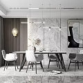 Modern Dining Table Set With White Chairs Hanging Lights And Marble Wall Artwork 3d model