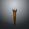 Decorative Black And Gold Sword With Horn Shaped Hilt And Slender Blade