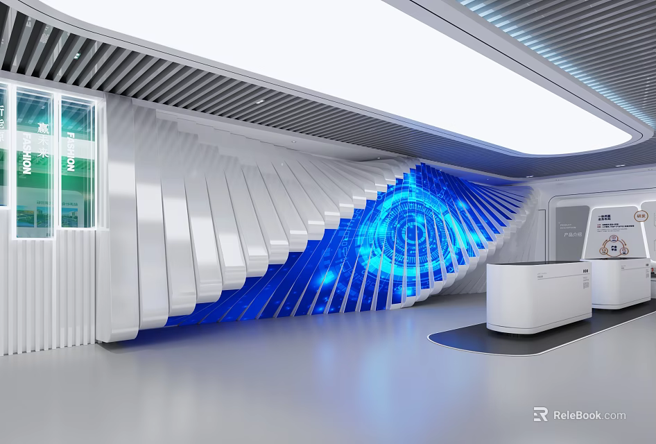 Modern Exhibition Hall Interior With White Curved Walls Blue Illuminated Circular Pattern And Metal Ceiling 3d model 