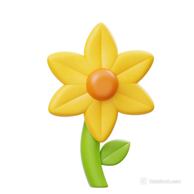 Vibrant Yellow Flower Plant with Bright Orange Center and Green Stem Leaves 3d model 