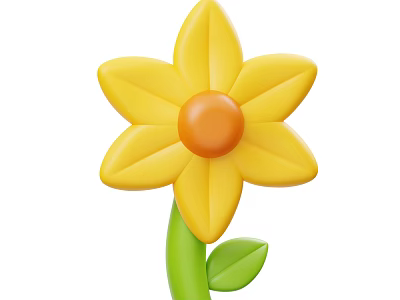 Vibrant Yellow Flower Plant with Bright Orange Center and Green Stem Leaves 3d model