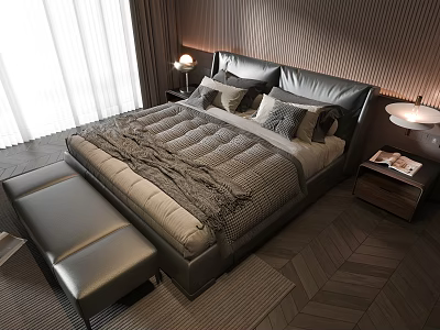 Double Bed Featuring Grey Quilt Pillows Bedside Lamps Wooden Wall Panels Herringbone Floor Window Curtains 3d model
