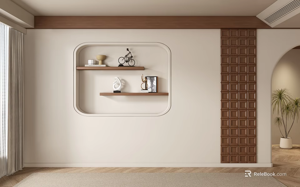 Modern Sofa Background Wall Design With Embedded Wooden Shelf And Decorative Ornaments 3d model 