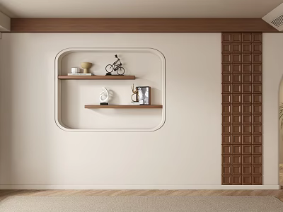 Modern Sofa Background Wall Design With Embedded Wooden Shelf And Decorative Ornaments 3d model