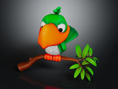 Cartoon Green Parrot with Orange Beak Perched on Brown Branch and Green Leaves 3d model