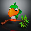Cartoon Green Parrot with Orange Beak Perched on Brown Branch and Green Leaves